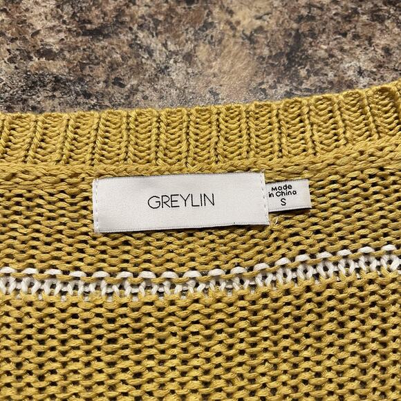 Greylin Womens Sweater V Neck Stripe Long Sleeve Anthro Mustard Yellow Small EC - Picture 3 of 5